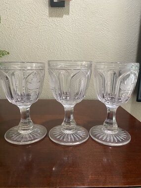 Vintage , Set of 3, Clear Pressed Glass Goblets, Magnet and Grape Pattern